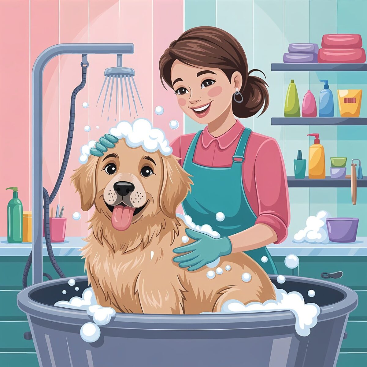 Photo by PrintOnDemandLibrary dog, bath, woman, veterinarian, grooming, pet, animal, love, pet care, bubbles, fun, hair care, shampoo, gloves, barber, puppy, animals, joy, foam, happy, animal service, facial mask, dog buckets, nature, ai generated